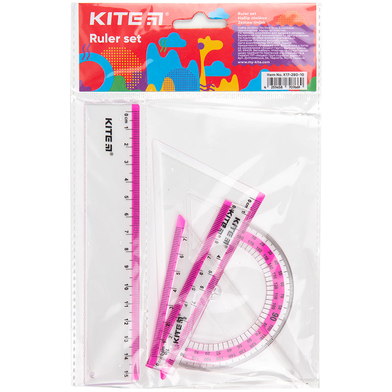 Набор: линейка 15 см, 2 угольника, транспортир (розовая полоса) Kite К17-280-10