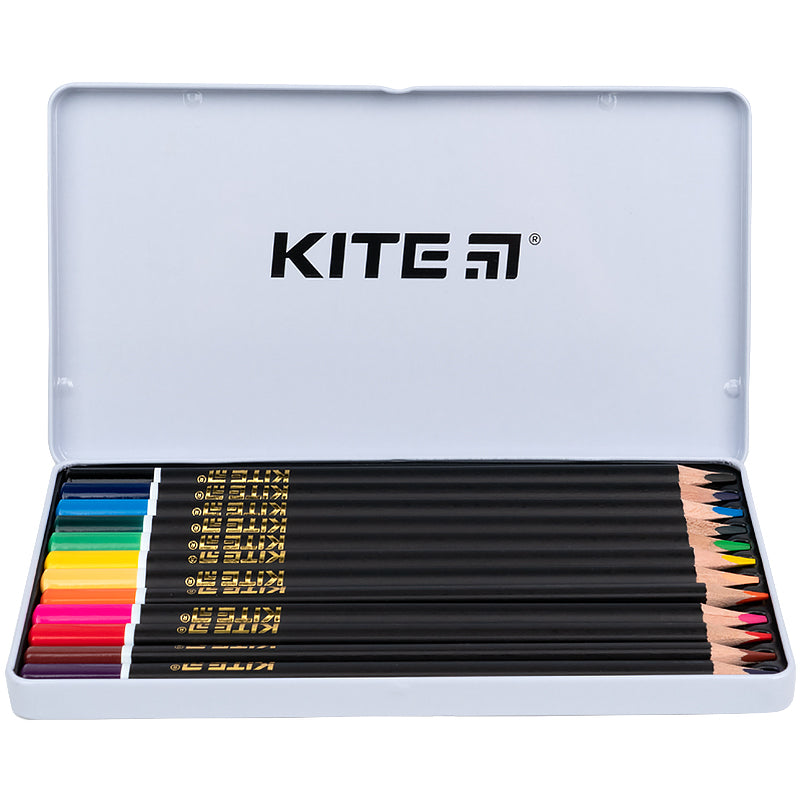 Карандаши цветные трёхгранные Kite Dogs K22-058-1, 12 цветов, металлический пенал