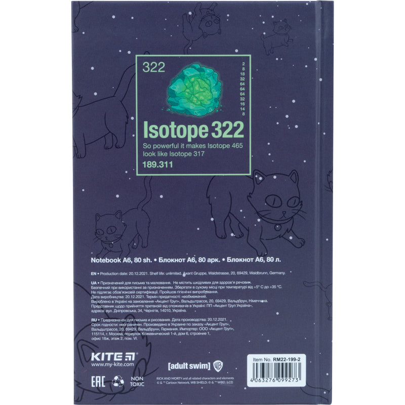 Книга записна Kite Rick and Morty RM22-199-2, тверда обкладинка, А6, 80 аркушів, клітинка