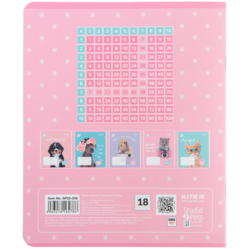 Зошит шкільний Kite Studio Pets SP23-236, 18 аркушів, клітинка