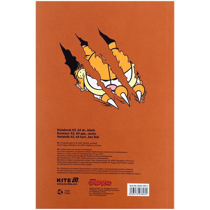 Блокнот Kite Garfield GF25-193-1, термобіндер, А5, 64 аркуші, нелінований