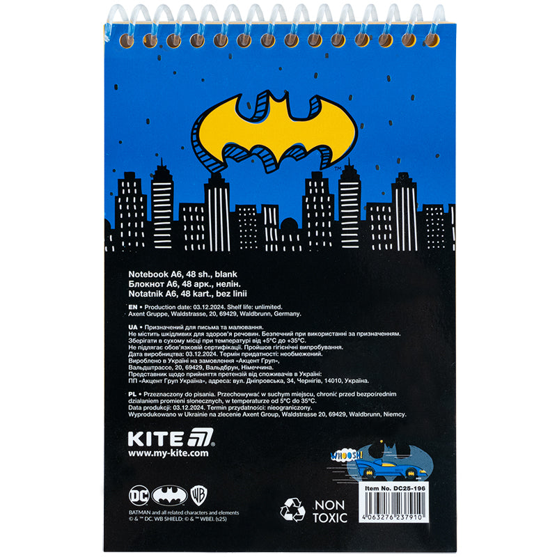 Блокнот на спіралі Kite DC Comics DC25-196, А6, 48 аркушів, нелінований