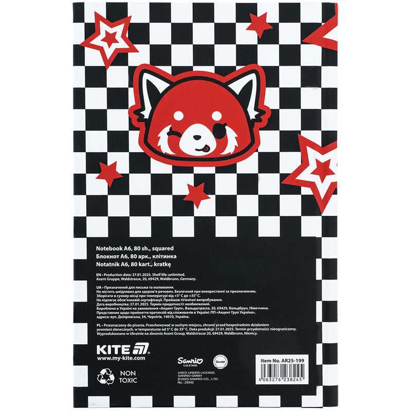 Книга записна Kite Aggretsuko AR25-199, тверда обкладинка, А6, 80 аркушів, клітинка