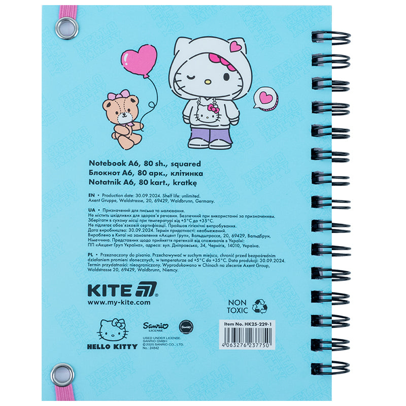 Блокнот на спіралі Kite Hello Kitty HK25-229-1, А6, 80 аркушів, клітинка