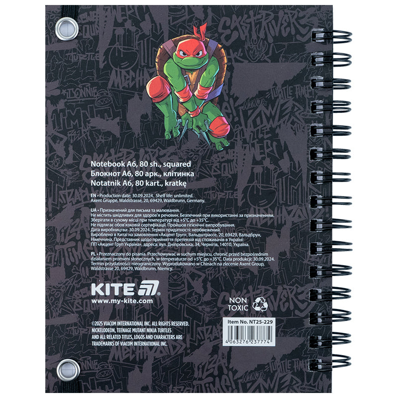Блокнот на спіралі Kite Ninja Turtles NT25-229, А6, 80 аркушів, клітинка