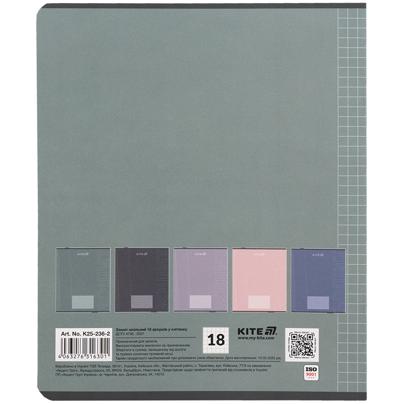 Тетрадь школьная Kite One color K25-236-2, 18 листов, клетка