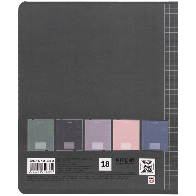 Тетрадь школьная Kite One color K25-236-2, 18 листов, клетка