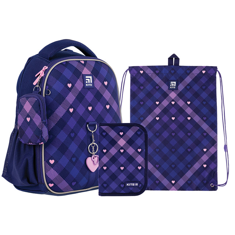 Школьный набор Kite Check and Hearts SET_K24-555S-1 (рюкзак, пенал, сумка)
