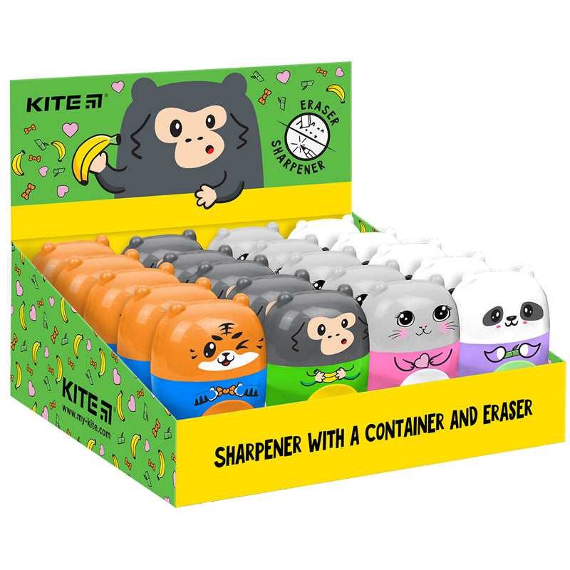Точилка з контейнером та гумкою Kite Jungle K23-366, асорті