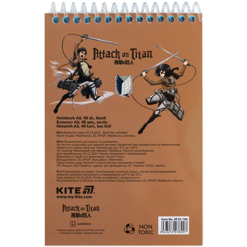 Блокнот на спирали Kite Attack on Titan AT25-196, А6, 48 листов, нелинованный
