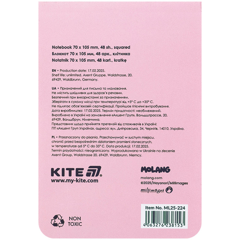Блокнот Kite Molang ML25-224, 48 листов, клетка