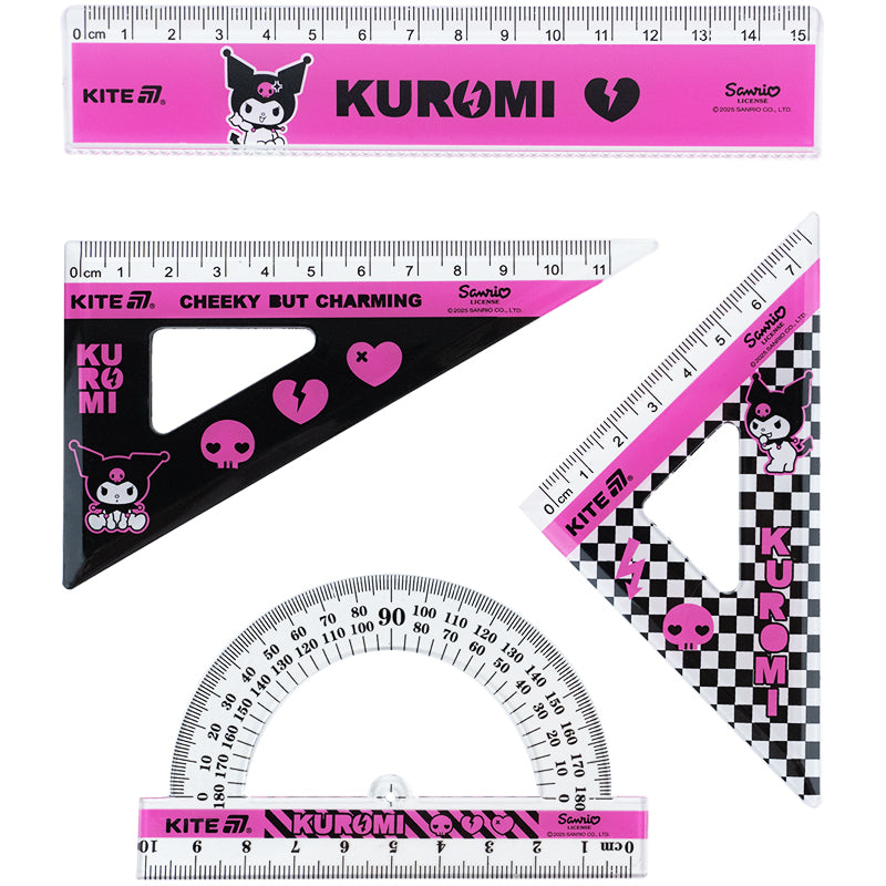 Набір: лінійка 15 см, 2 косинця, транспортир Kite Kuromi HK25-282