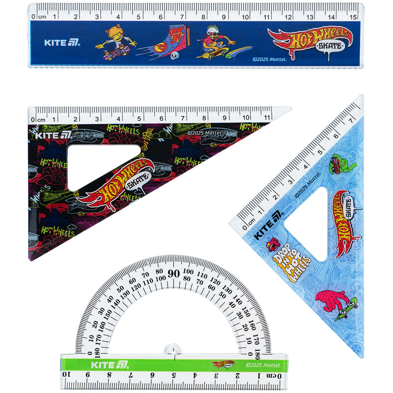 Набір: лінійка 15 см, 2 косинця, транспортир Kite Hot Wheels HW25-282