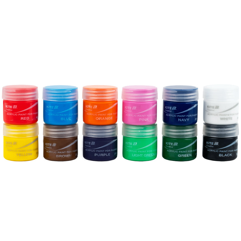 Фарби акрилові для тканини Kite Creative K-276, 12 кольорів, 20 мл