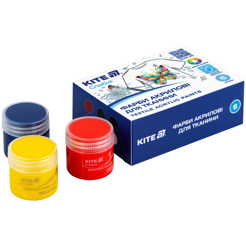 Фарби акрилові для тканини Kite Creative K-277 , 6 кольорів, 20 мл