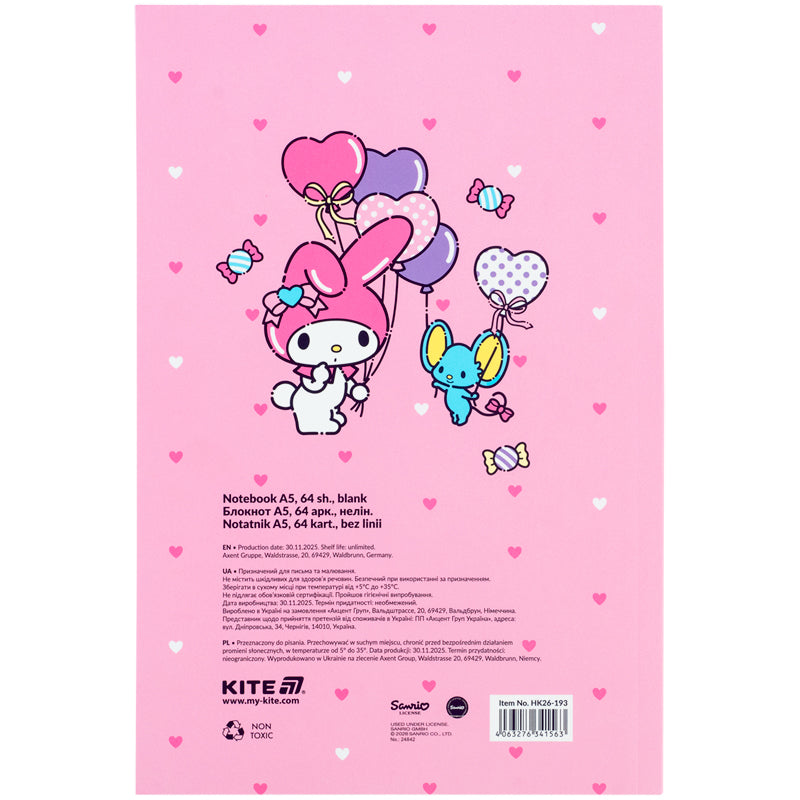Блокнот Kite My Melody HK26-193, термобиндер, А5, 64 листа, нелинованный