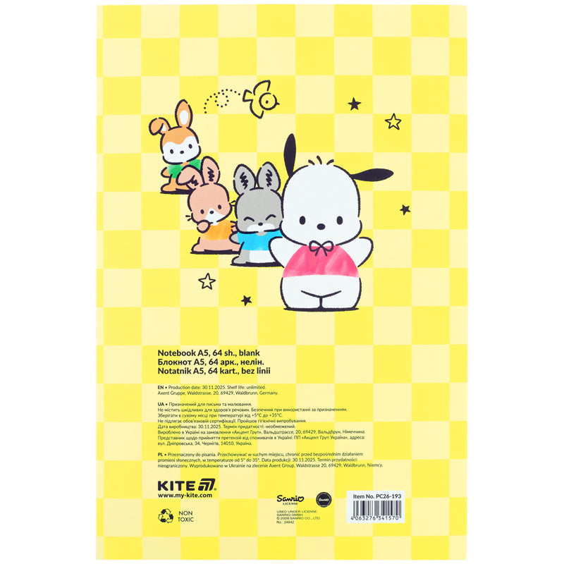 Блокнот Kite Pochacco PC26-193, термобиндер, А5, 64 листа, нелинованный