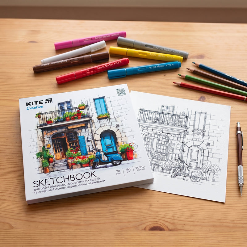Скетчбук для робіт маркерами Kite Creative K-1282, 21*21см, 30 аркушів