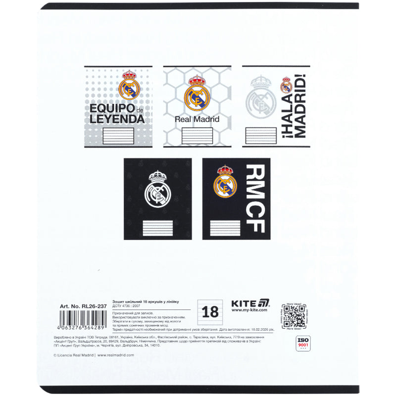 Зошит шкільний Kite  Real Madrid  RL26-237, 18 аркушів, лінія