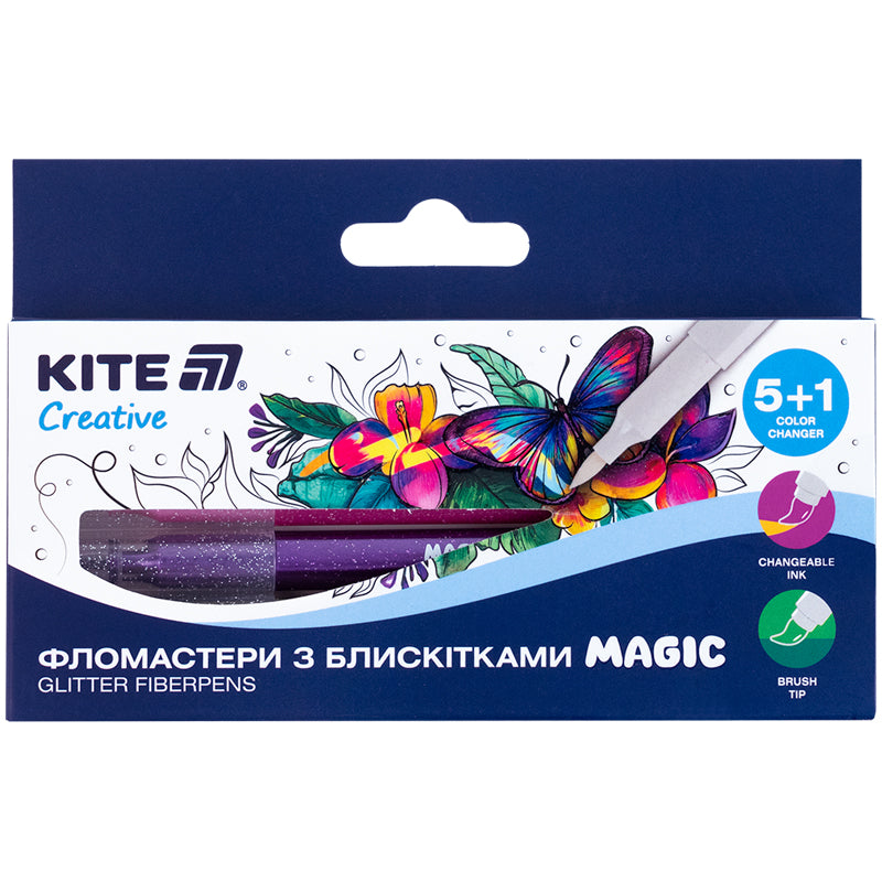 Фломастери з блискітками Magic, Kite Creative K-1167,  набір 5+1